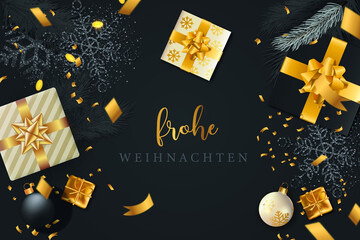 Fototapeta na wymiar Karte oder Banner, um frohe Weihnachten in Gold und Grau auf schwarzem Hintergrund mit Geschenken, Schneeflocke, Feder, Weihnachtskugel zu wünschen
