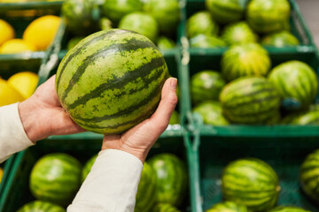 Kunde hält eine Wassermelone in Händen im Supermarkt
