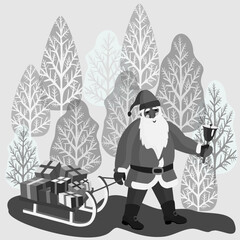 Vector - Nikolaus with gifts on a slade in the forest.