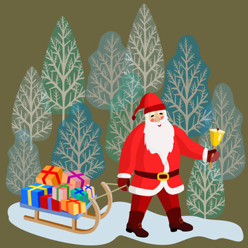 Vector - Nikolaus with gifts on a slade in the forest.