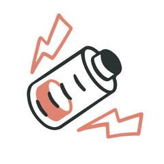 Dead battery, no power. Sadness, stress, anxiety, mental health vector illustration in doodle outline cartoon style.