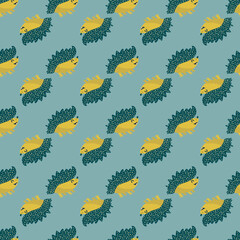 Cute vector spiky, prickly, hedgehog seamless pattern background. Kawaii hedgehogs diagonal backdrop. Colorful fun cartoon character forest animal on blue and yellow. Adorable critters for children