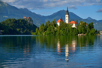 Fototapeta premium View on the island with the Church of the Assumption on Bled lake, Slovenia