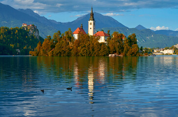 View on the island with the Church of the Assumption on Bled lake, Slovenia