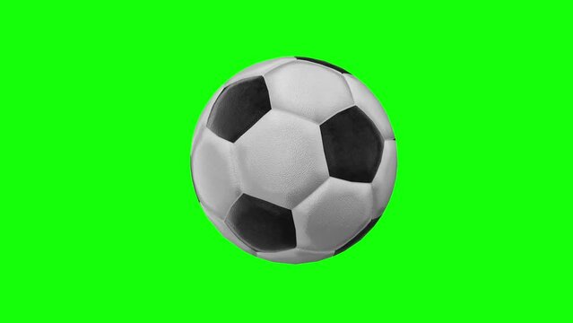 Football Soccer-ball 3D rotating in the middle with green screen background. Seamless loop. World football cup. 4K Animation