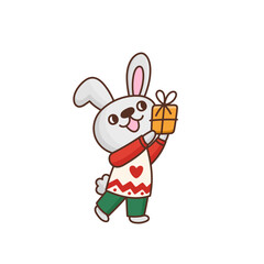 Fototapeta na wymiar Cute bunny in cozy pajamas giving gift box. Amusing character rabbit celebrating Christmas or Birthday. Vector illustration isolated on white background.