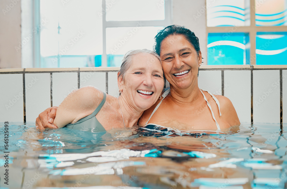 Canvas Prints Swimming pool and senior women in portrait for holiday summer, vacation and having fun together with love, hug and happy retirement. Diversity elderly or old woman friends swimming in water pool