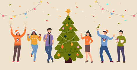 Happy young full body women and men next to the Christmas tree. Party people under confetti. Vector illustration.