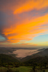 Landscape France Ardeche at Privas Creysseilles at dawn before sunrise with fog clouds in the valleys