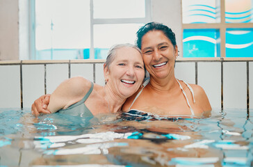 Fototapeta premium Swimming pool and senior women in portrait for holiday summer, vacation and having fun together with love, hug and happy retirement. Diversity elderly or old woman friends swimming in water pool