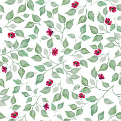  Watercolor seamless pattern with abstract red flowers, green  leaves, branches. Hand drawn floral illustration isolated on white background. For packaging, wrapping design or print.