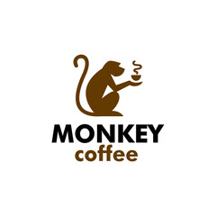 coffee monkey logo. Monkey with a cup of coffee Logo or badge for coffee shops and cafe. monkey hold mug coffee drink logo vector icon illustration © Ramosh Artworks