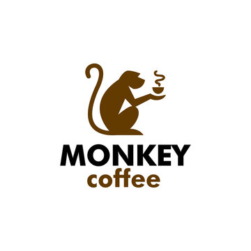 coffee monkey logo. Monkey with a cup of coffee Logo or badge for coffee shops and cafe. monkey hold mug coffee drink logo vector icon illustration