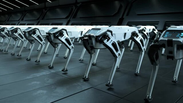 A robot dog is in a robot factory, Military cyborg dog