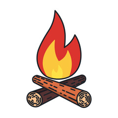 Cool full color with lines fireplace vector icon. Bonfire with woods in camping and traveling concept flat icon design.