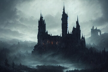 middle ages, medieval, castle, vampire, dark aesthetics, landscape, art illustration