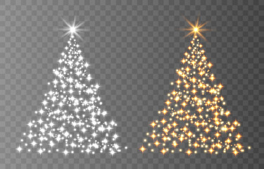 Shiny Christmas tree. Glittering lights in the form of a Christmas tree with bright shining and glowing particles. Golden glowing spruce in a luxurious design. Vector illustration on png background.