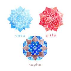 Doshas icons, symbols drawn like mandala with watercolor texture. Vata, pitta, kapha - ayurvedic body types. - 545130075