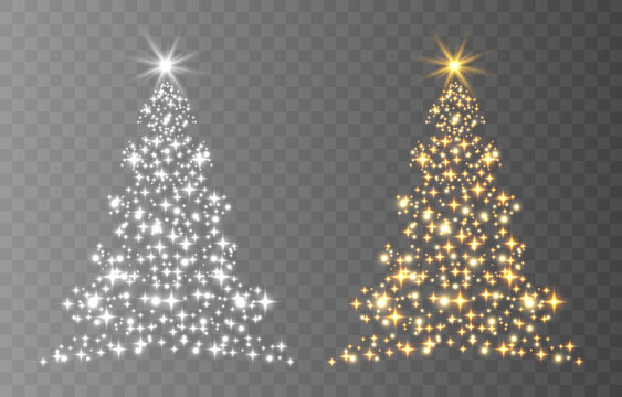 Shiny Christmas tree. Glittering lights in the form of a Christmas tree with bright shining and glowing particles. Golden glowing spruce in a luxurious design. Vector illustration on png background.