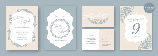 Elegant and modern floral card design, for wedding and celebration invitation, logo, thank you, rsvp, welcome, monogram, template, decorative flat minimalistic vector