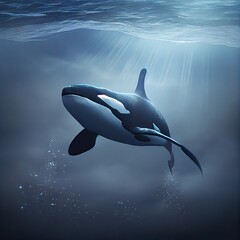 Beautiful Orca underwater, photorealistic illustration generated by Ai - obrazy, fototapety, plakaty