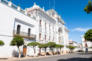 street view of sucre colonial town, bolivia