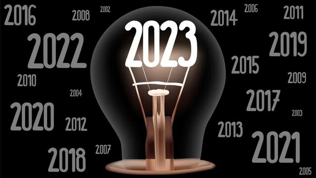 Shining single light bulb with fiber in a shape of number 2023 isolated on black background. New Year concept. High quality 4k video.