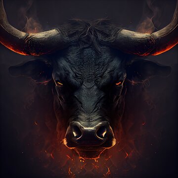 Gorgeous black bull's head surrounded by flame and smoke, Ai generated