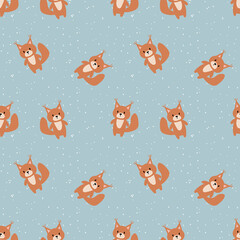 Winter seamless pattern with cute cartoon squirrels and snow, Childish squirrel background, Trendy animal repeat print, Woodland animal  background for fabric, wallapaper, gift paper