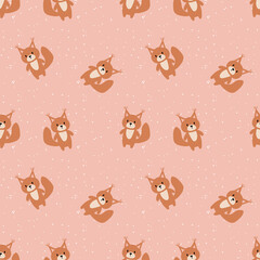 Winter seamless pattern with cute cartoon squirrels and snow, Childish squirrel background, Trendy animal repeat print, Woodland animal  background for fabric, wallapaper, gift paper