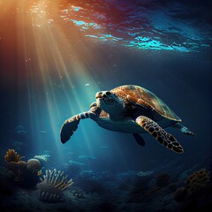 Obraz premium Sea turtle underwater, photorealistic illustration generated by Ai