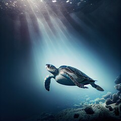 Obraz premium Sea turtle underwater, photorealistic illustration generated by Ai