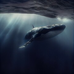 Stunning illustration of big whale underwater, close to water surface. Beautiful illustration generated by Ai