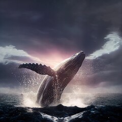 Whale jumping out of the water, dramatic lighting. Beautiful illustration generated by Ai