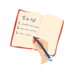 Person is writing a to do list in diary. Daily routine, planning. Wright down work tasks in notebook. Flat style hand drawn vector illustration.