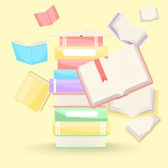 Vector cartoon image of a stack of folded books in a library or bookstore. Interior design for the home and for the children's room. The concept of education and study