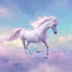 Naklejka na ściany i meble Beautiful unicorn in the clouds, pastel colours. Creative AI generated illustration