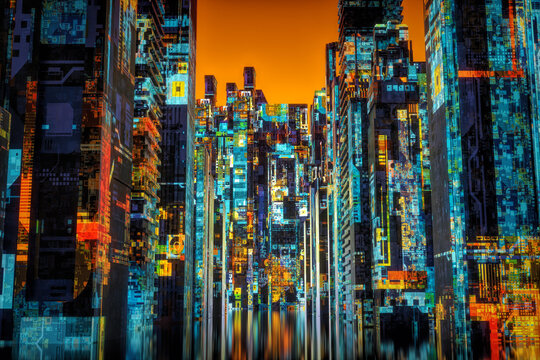 Retro, futuristic and technologized mega-city 