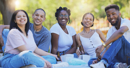 Relax, summer and picnic with friends in park with beer for bonding, fun and party. Nature, smile...