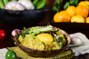 delicious chicken, typical Brazilian food, rice with chicken seasonings, salad and melted cheese au gratin on blurred background
