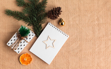 Fototapeta na wymiar Christmas eco friendly zero waste set. Natural composition with blank open notebook, fir branches, dried orange. To do list, winter, new year goals. Flat lay, top view, copy space, place for text