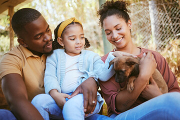 Happy family, animal shelter and dog with girl and parents bond, relax and sharing moment of love,...