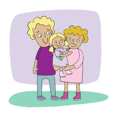 Beautiful portrait of european one child happy family. Mum holding her daughter on hands. Nuclear family