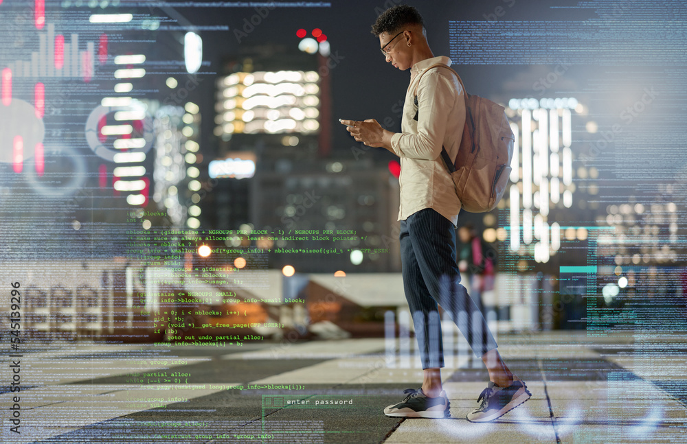 Poster double exposure, phone and man trading with cryptocurrency or hacking online with 5g network in nigh