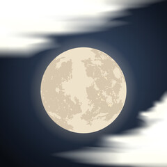 Mystical Night sky background with full moon, clouds and stars. Moonlight night. Vector illustration.