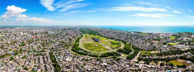 Aerial panoramic view of the Columbus Lighthouse, Santo Domingo, Dominican Republic. Historical tourist attraction - obrazy, fototapety, plakaty