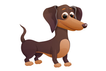 Cute dachshund puppy, standing and smiling in cartoon style, bright pet character isolated on white background.