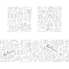 Line icons about nature, camp for design, cards, mags, merch. Seamless border with linear illustrations