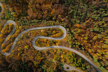 Autumn winding road in a mountain surounded by an autumn forest in Europe.