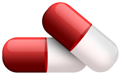 Two red and white glossy pills illustration isolated white backgrounnd PNG